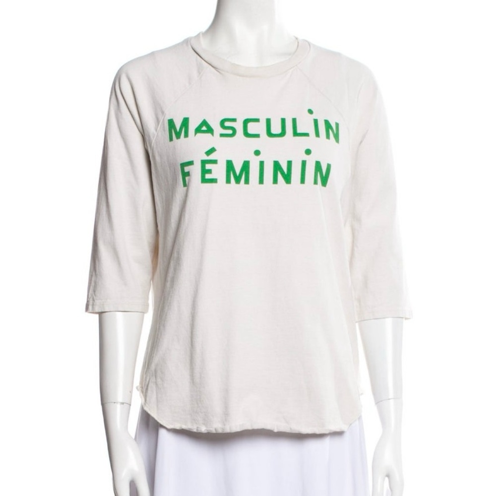 Clare V. 3/4 length t-shirt. Cream with green writing. Size small.
